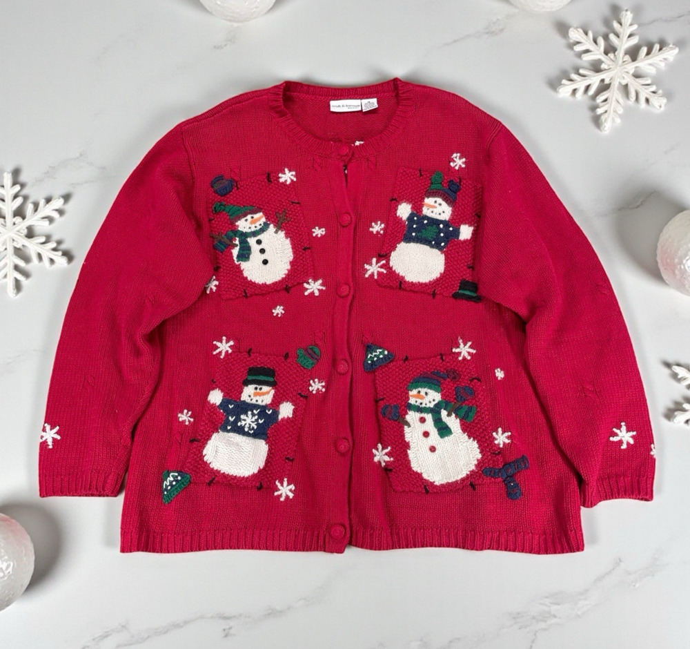 VTG Croft & Barrow Red Snowman Christmas Cardigan Sweater Sz XL Embroidered Fun - Picture 1 of 11